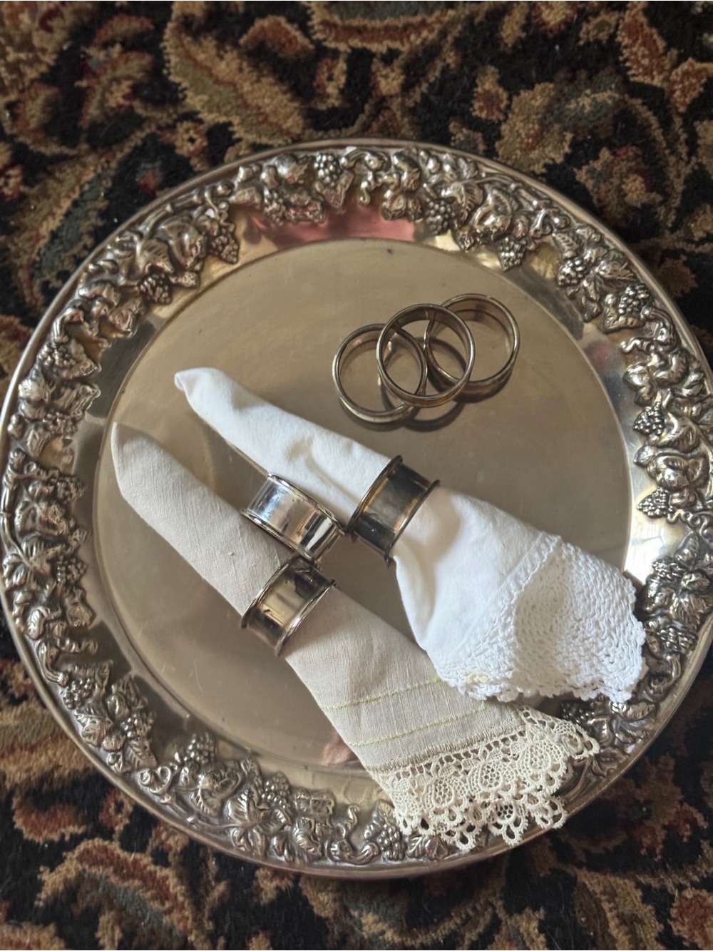 Ornate Silver-Tone Serving Tray with Six Napkin Rings - Silver PRICE FIRM